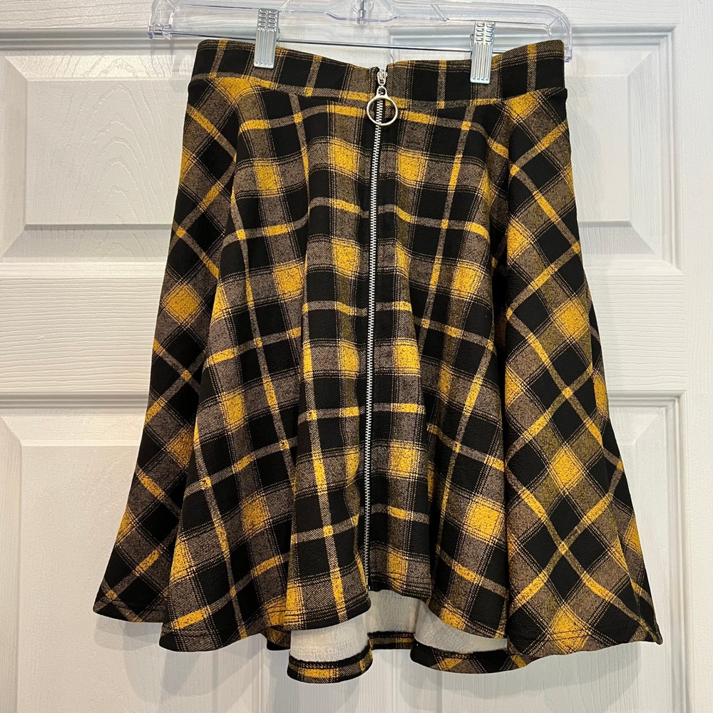 Midnight Hour Skater Skirt Yellow Black Plaid Polyester Spandex Grunge Edgy S